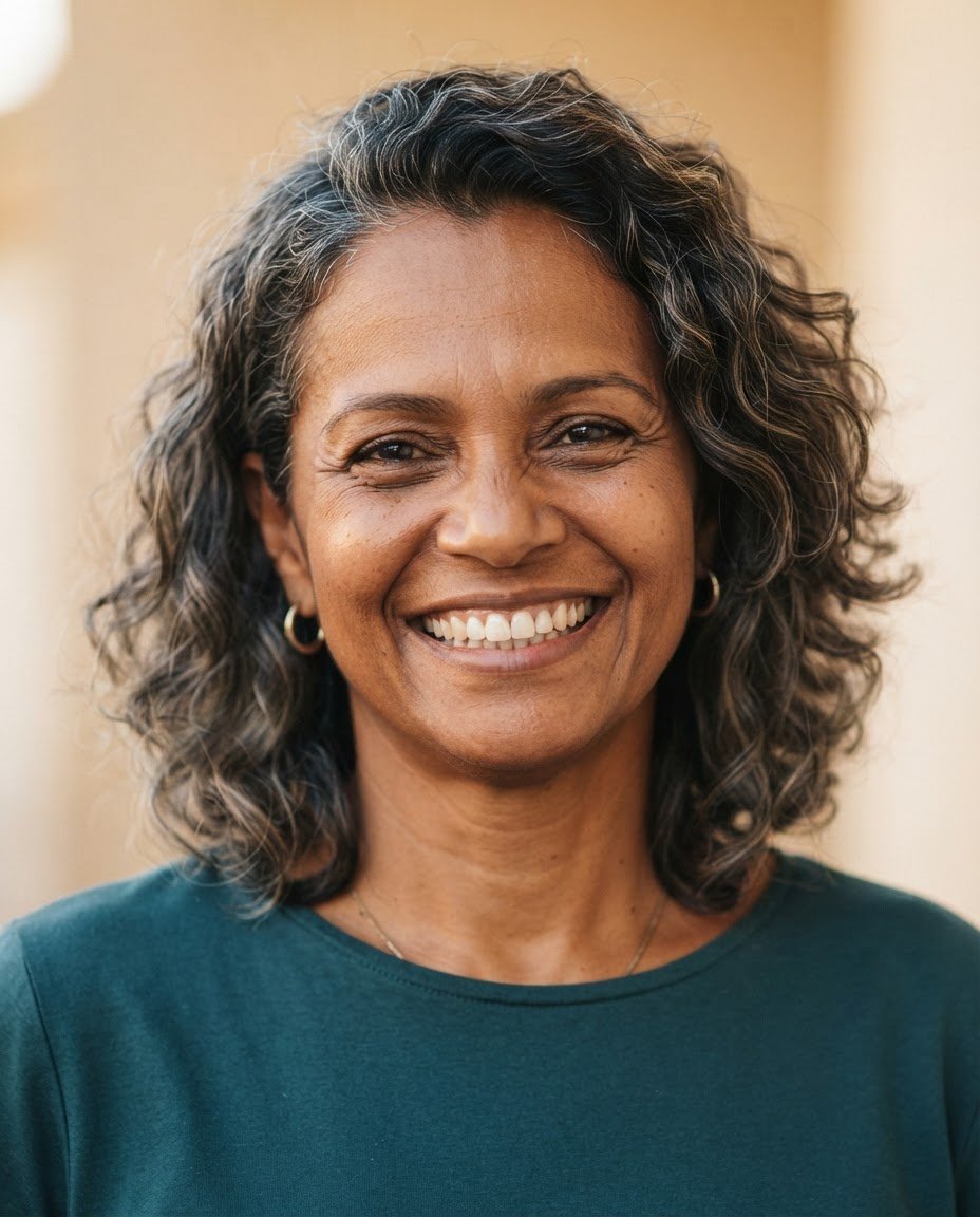 Mulher de cabelos cacheados grisalhos sorrindo com confiança, em retrato com fundo claro