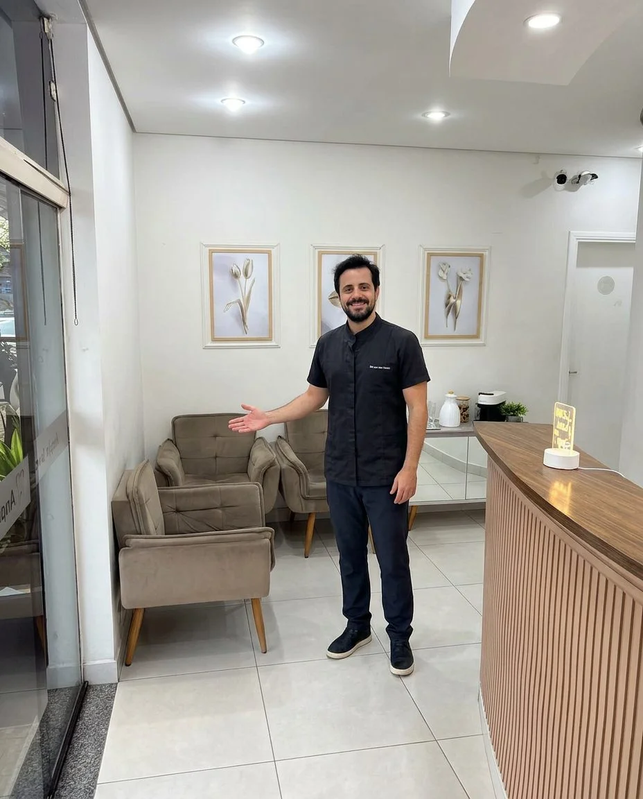Dr. Alceu Gaiga Junior na recepção da clínica em Itupeva, indicando a sala de espera